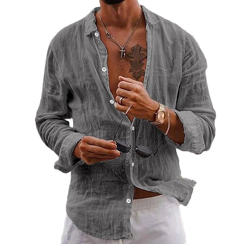 Man wearing gray men's long sleeve button-front shirt with lapel collar and relaxed fit