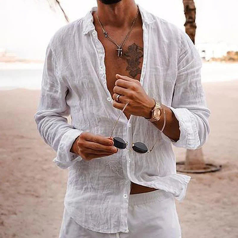 Close-up of men's long sleeve button-front shirt showing lightweight woven fabric texture