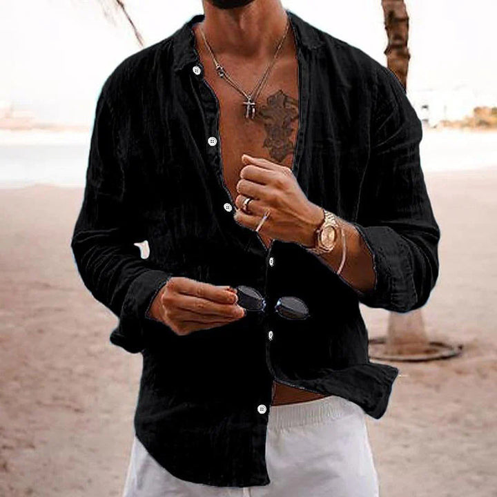 Side view of men's casual long sleeve shirt with button-front closure and lapel collar