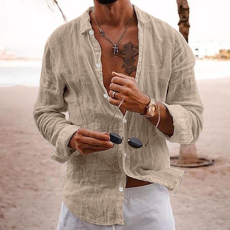 Man styling men's long sleeve casual shirt open over white pants