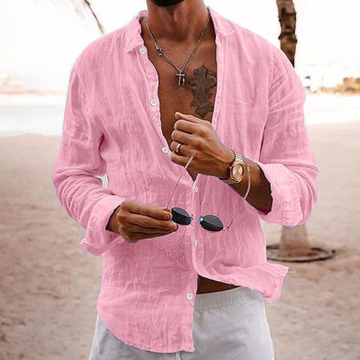 Back view of men's relaxed fit long sleeve shirt showing drape and fit
