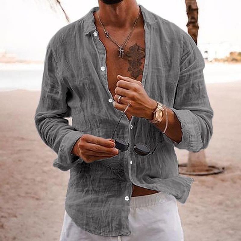 Front view of men's button-front shirt in gray with classic lapel collar