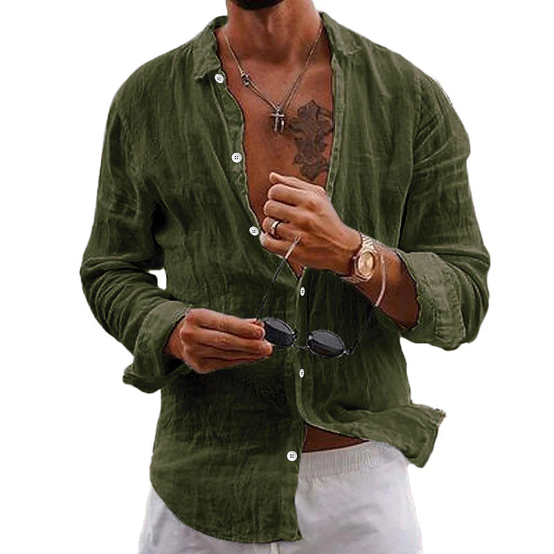 Men's long sleeve casual shirt styled with rolled sleeves for relaxed look