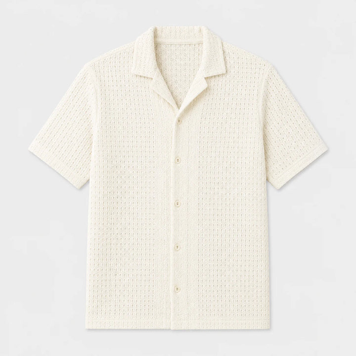 Back view of men's short sleeve button-up shirt with straight hem and relaxed silhouette