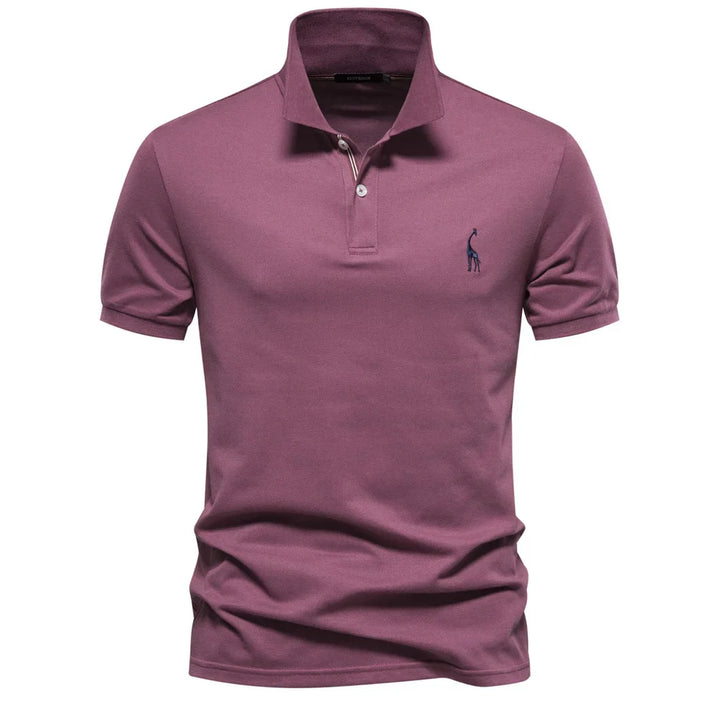 Men's short-sleeve polo shirt embroidered with chest logo in dusty purple featuring pointed collar and two-button placket