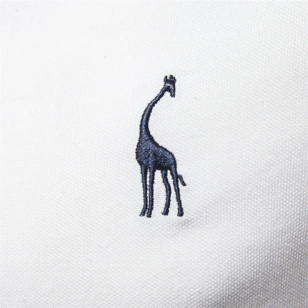Back view of men's short-sleeve polo shirt embroidered with logo in classic silhouette