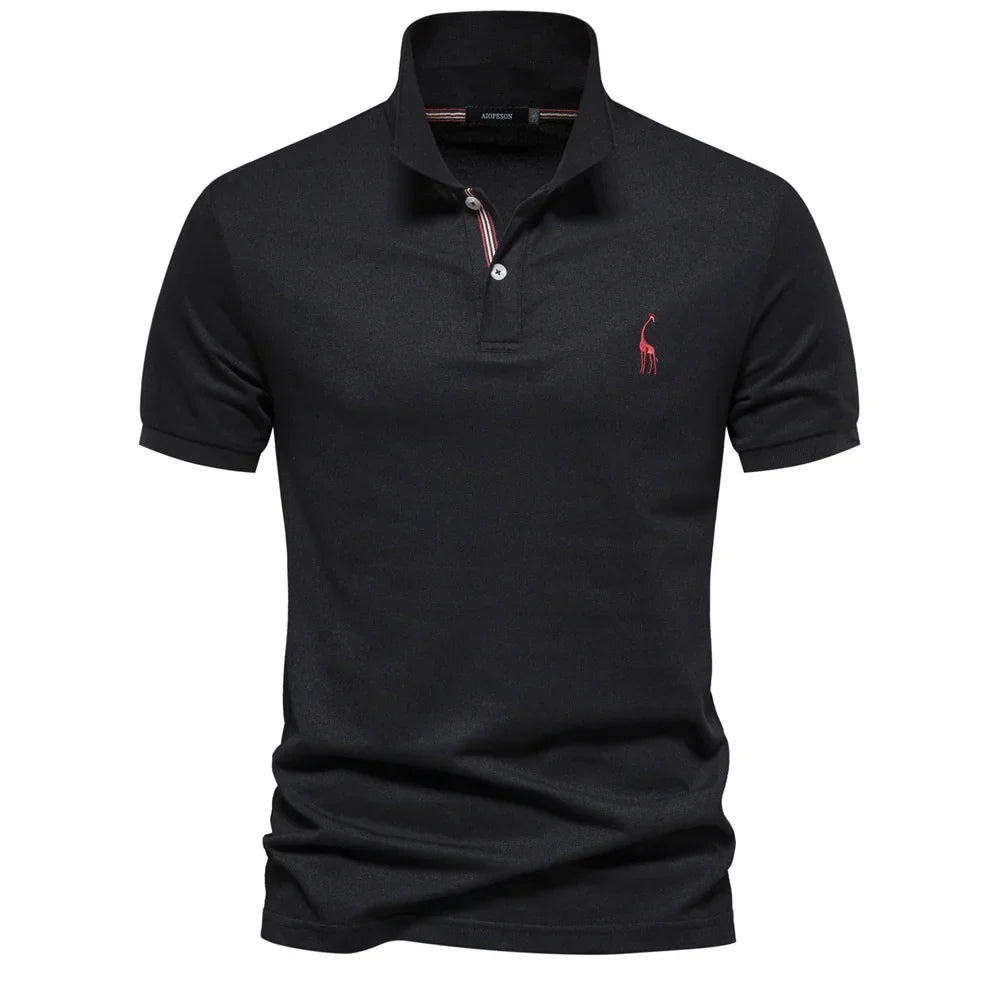 Front view of men's embroidered polo shirt showing smooth fabric texture and fitted sleeve bands