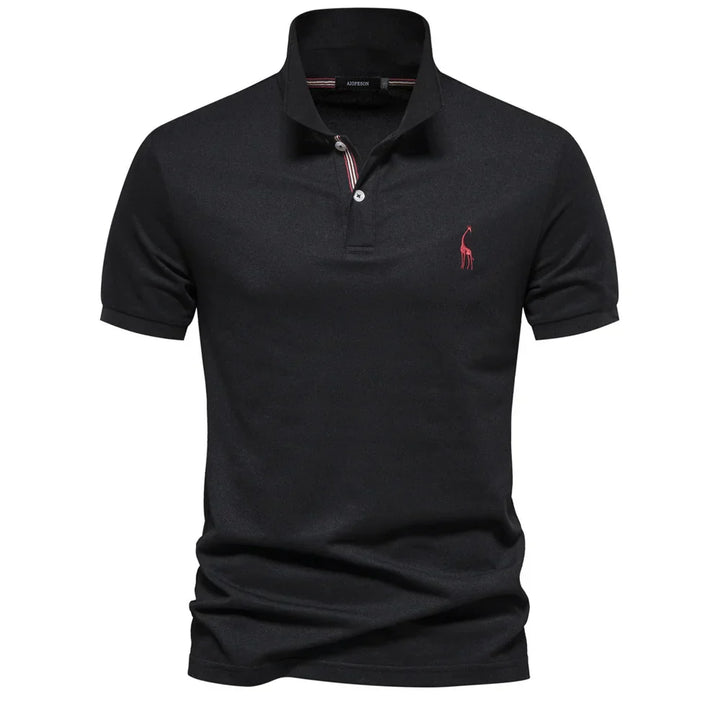 Front view of men's embroidered polo shirt showing smooth fabric texture and fitted sleeve bands