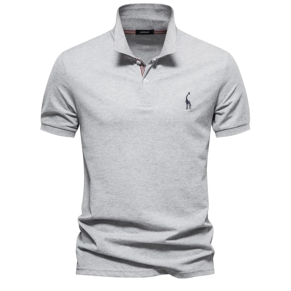Men's polo shirt embroidered design showing two-button placket and fitted sleeve cuffs