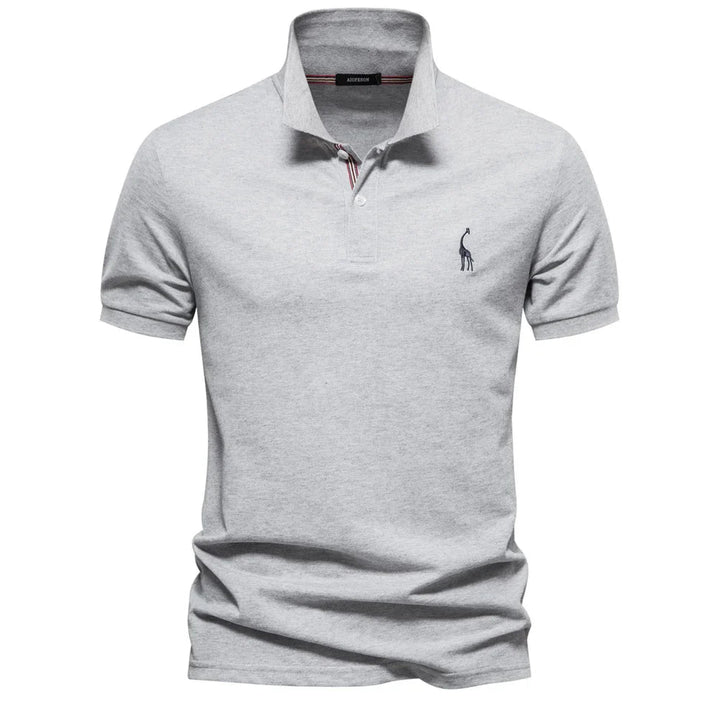 Men's polo shirt embroidered design showing two-button placket and fitted sleeve cuffs