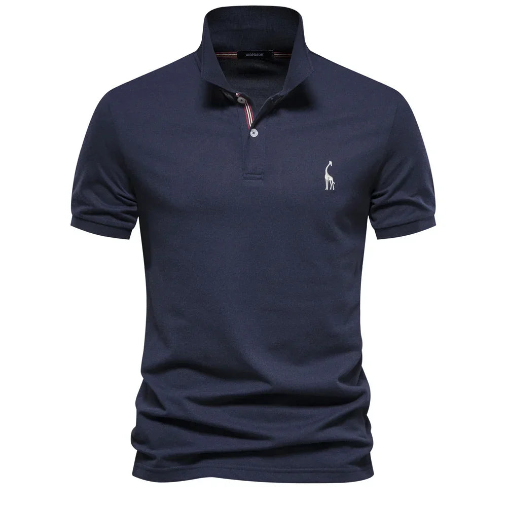 Full front view of men's short-sleeve polo shirt embroidered with logo in dusty purple shade