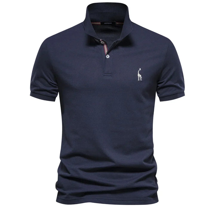 Full front view of men's short-sleeve polo shirt embroidered with logo in dusty purple shade