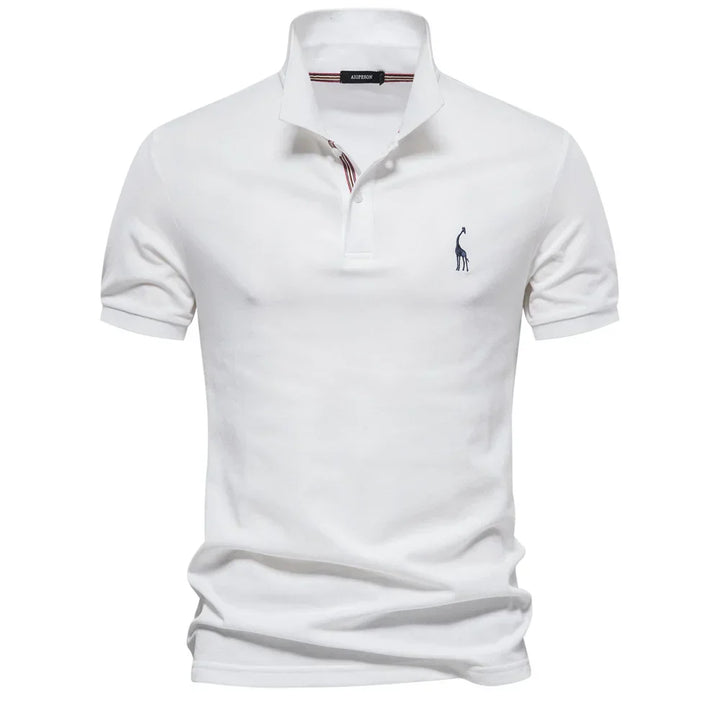Men's embroidered polo shirt displaying smooth fabric finish and classic collar construction
