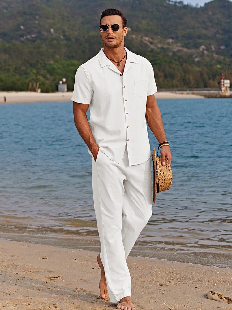 Men's short sleeve shirt and pants set in white with camp collar and button-front closure