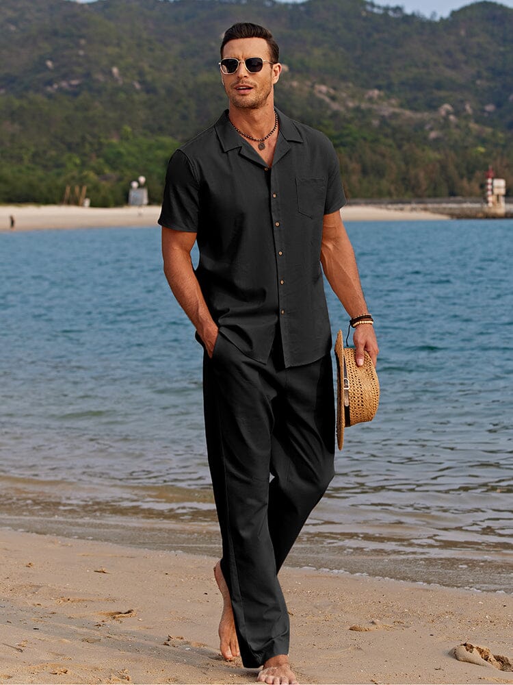 Close-up view of men's coordinated two-piece outfit featuring relaxed fit shirt and matching pants
