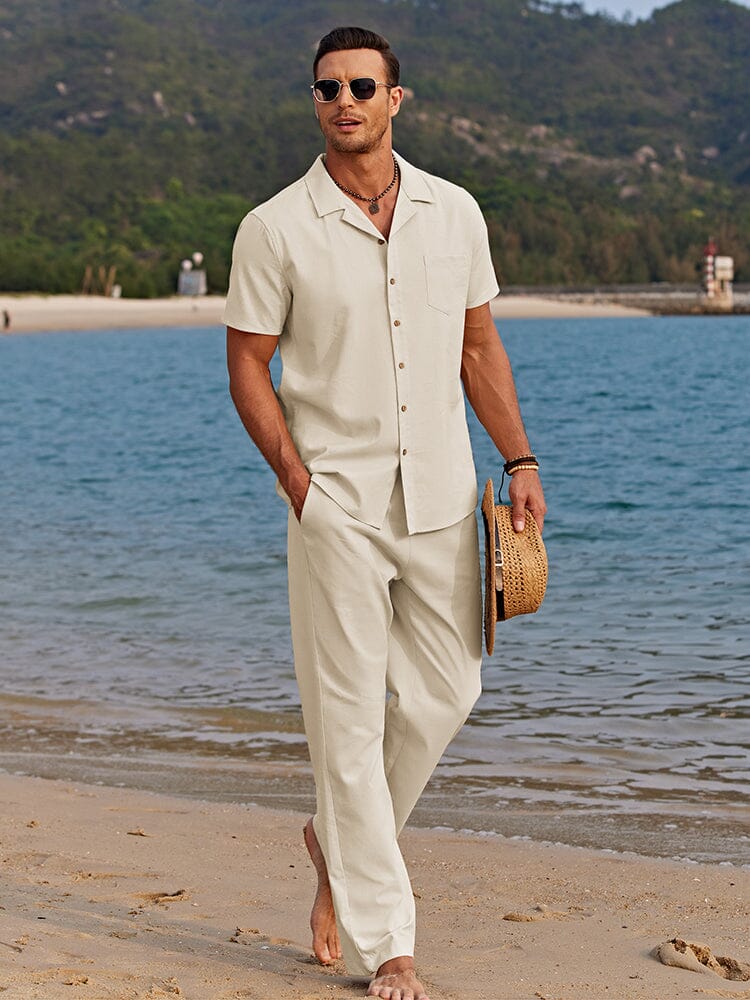 Men's summer matching set with short sleeve button-front shirt and straight-leg pants