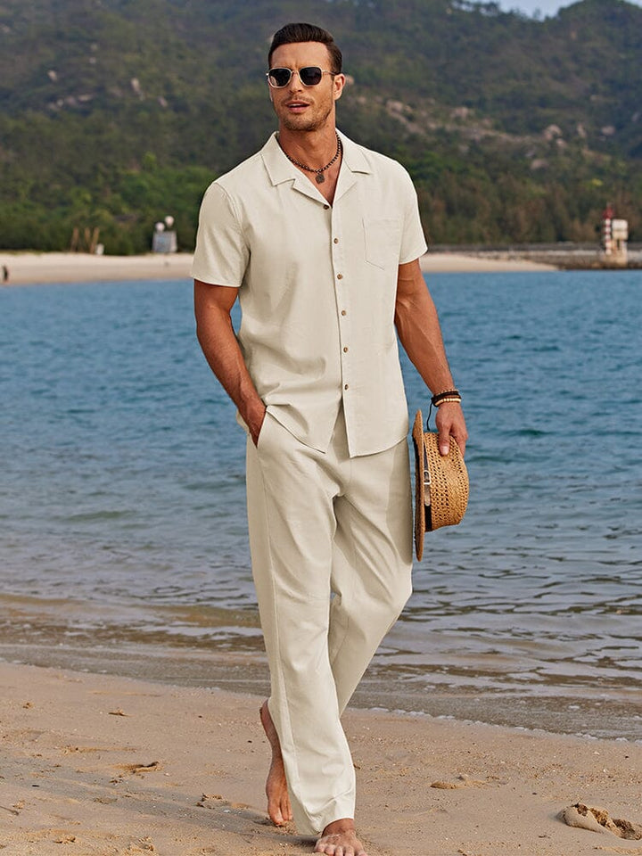 Men's summer matching set with short sleeve button-front shirt and straight-leg pants