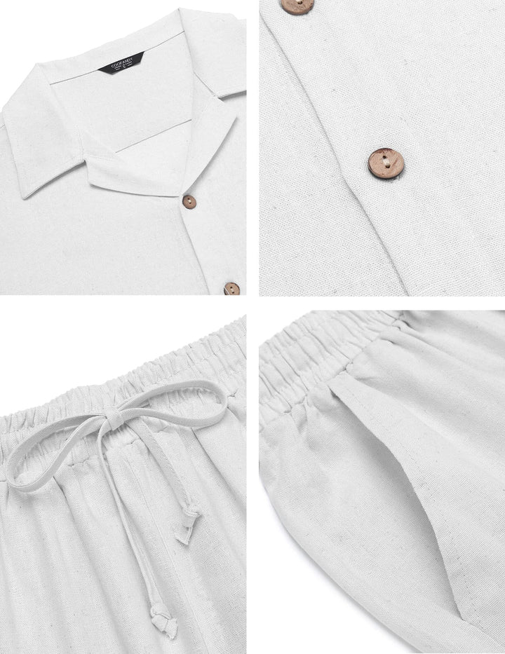 Full view of men's short sleeve matching set styled for summer vacation and resort wear