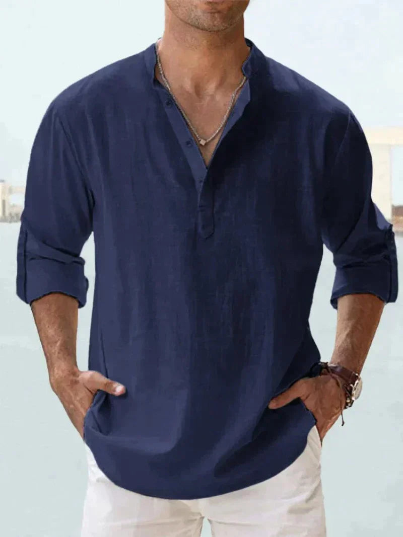 Men's Breathable Linen Shirt Relaxed Fit Casual Resortwear in navy with band collar and roll-tab sleeves