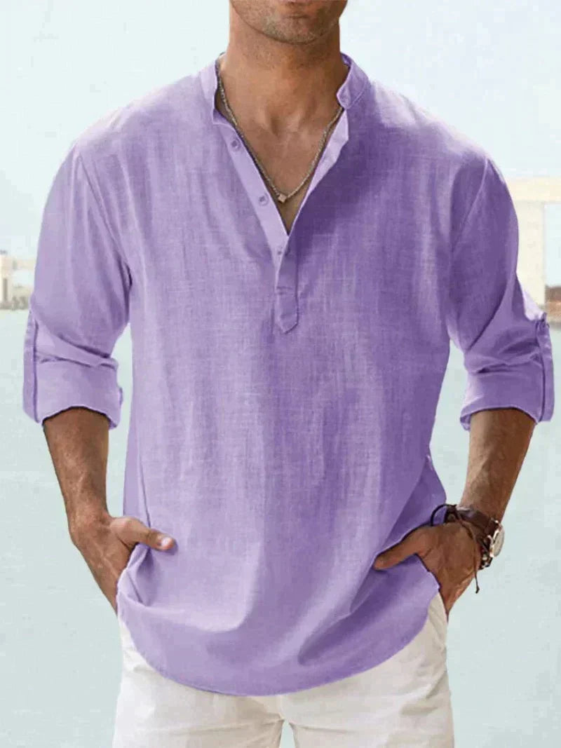 White men's breathable linen shirt casual resortwear styled for beach setting