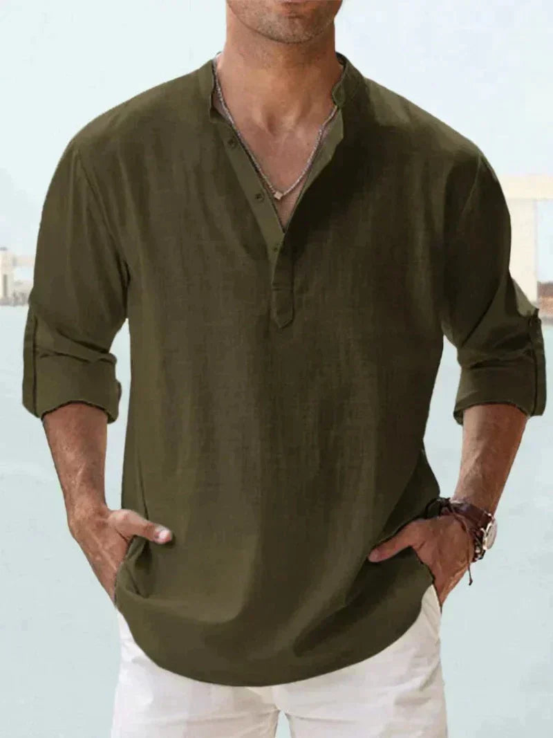 Purple men's relaxed fit linen shirt with roll-tab sleeves and natural drape