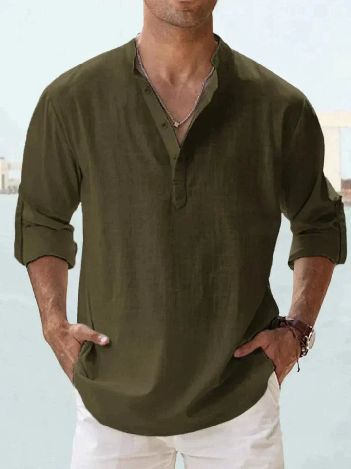 Purple men's relaxed fit linen shirt with roll-tab sleeves and natural drape