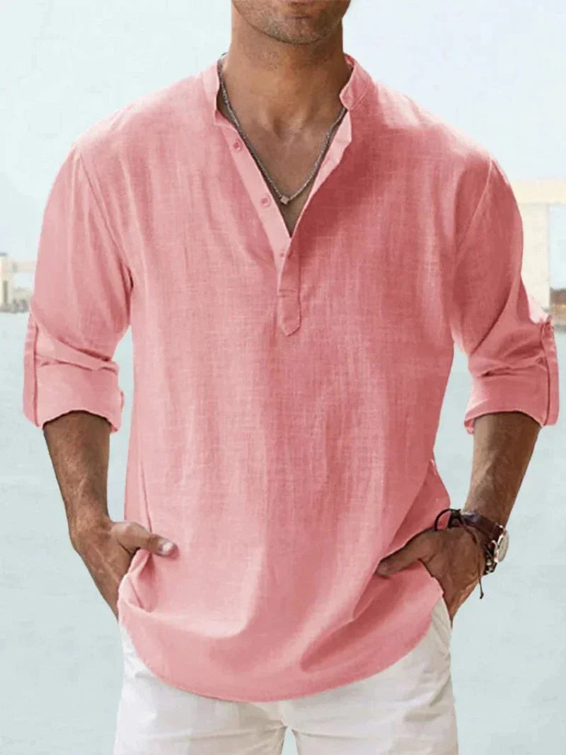 Light violet men's relaxed fit linen shirt resortwear with band collar