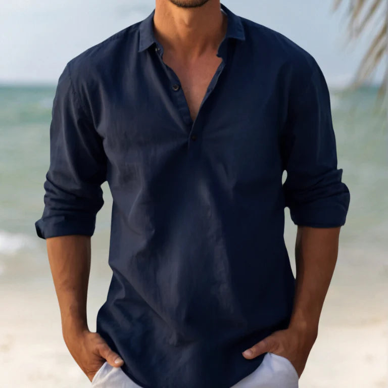 Side view of men's breathable linen shirt showing relaxed drape and natural construction