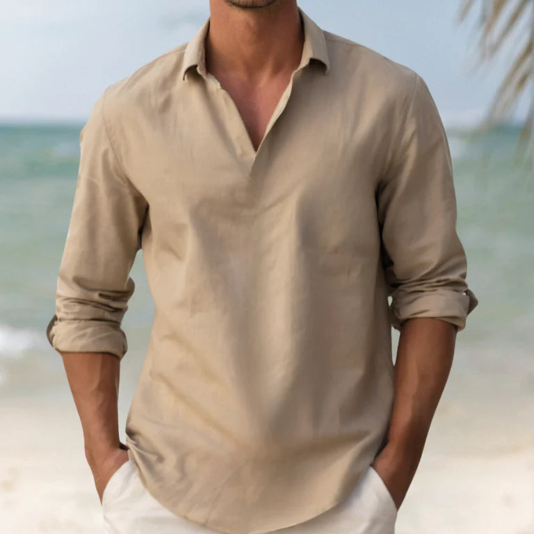 Detail of roll-tab sleeves on men's casual resortwear linen shirt