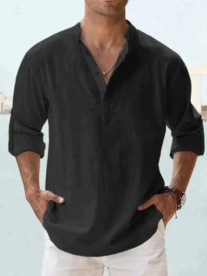 Men's breathable linen shirt relaxed fit styled with white chinos for casual summer look