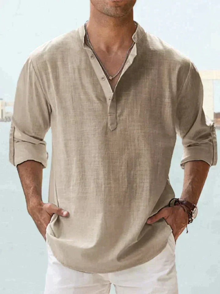Back view of men's relaxed fit linen shirt showing natural drape and airy weave