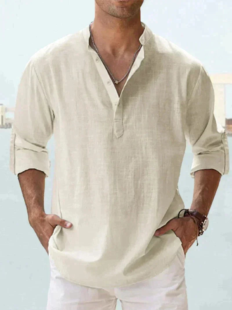 Men's casual resortwear linen shirt in light blue with band collar
