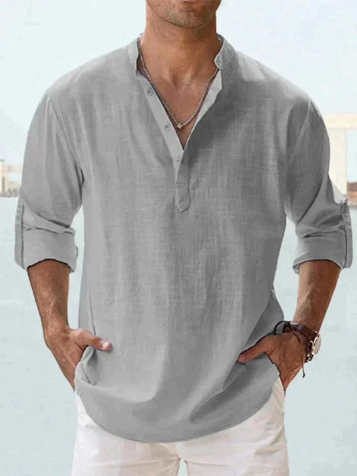 Men's breathable linen shirt in apricot tone with roll-tab sleeves and relaxed silhouette