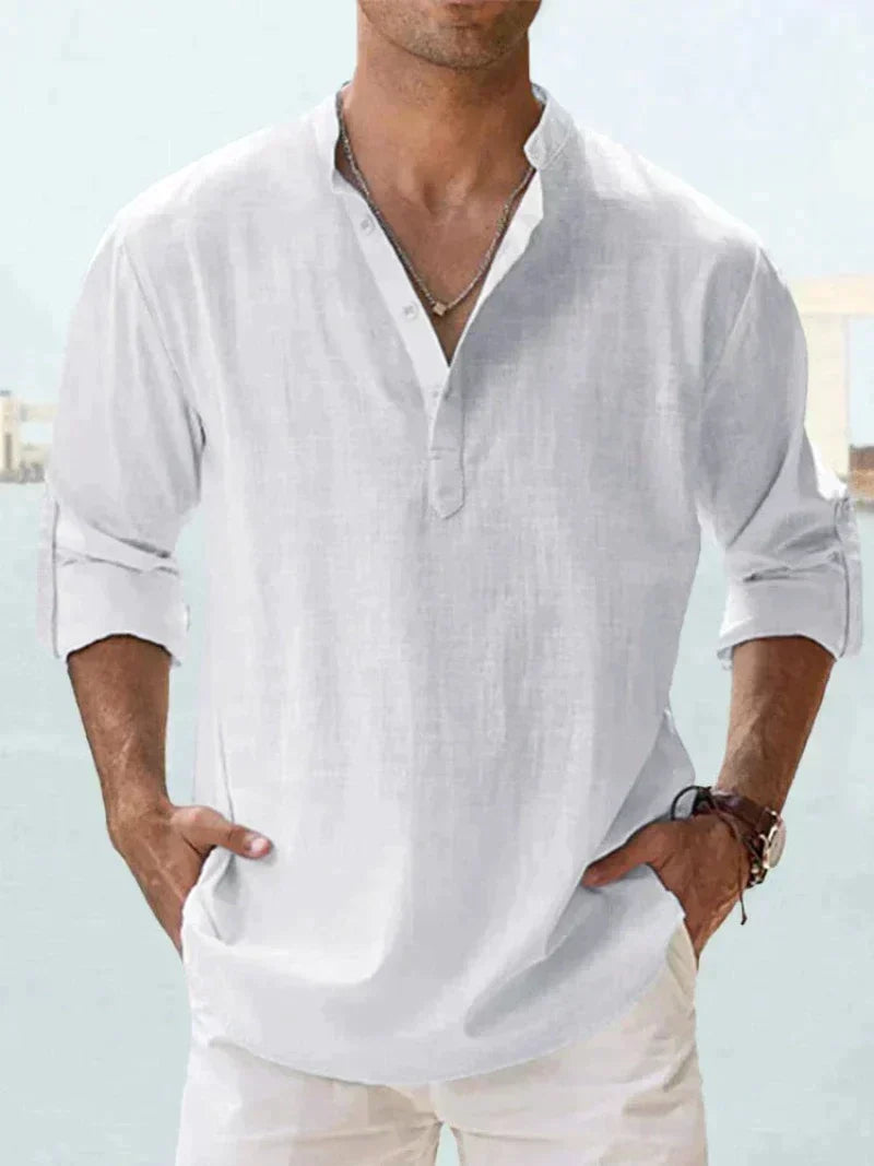 Grey men's relaxed fit linen shirt with buttoned placket and band collar