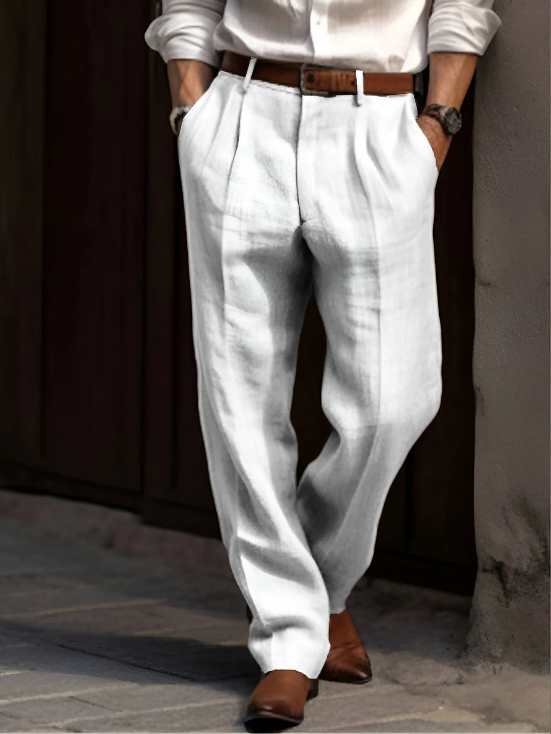 Men's classic trousers with center crease and slant pockets styled with brown leather shoes
