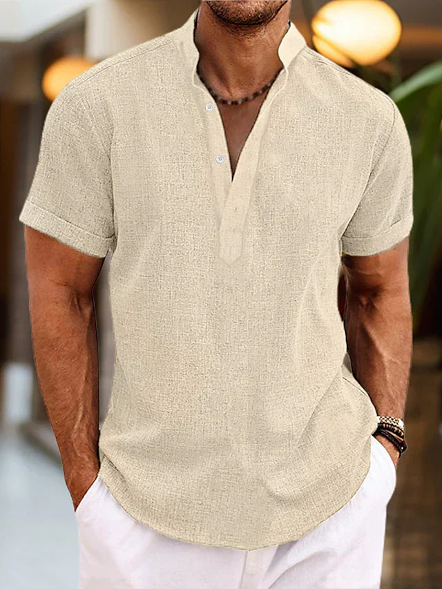 Detail shot of henley shirt cuff and sleeve construction on men's top