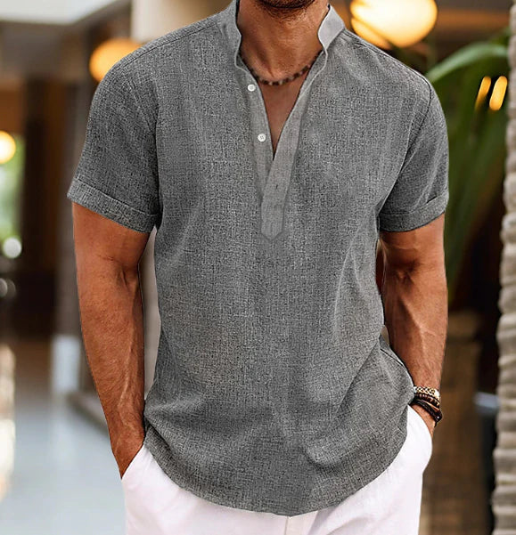 Back view of men's short sleeve henley showing relaxed fit and drape