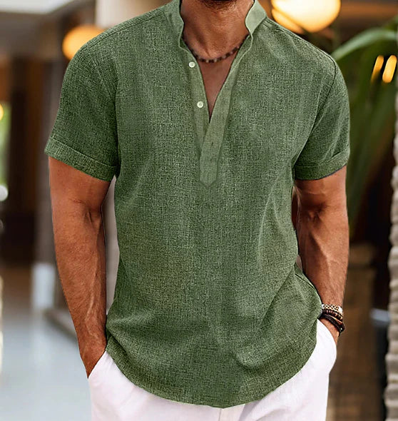 Men's henley shirt collar and button placket detail in textured woven fabric