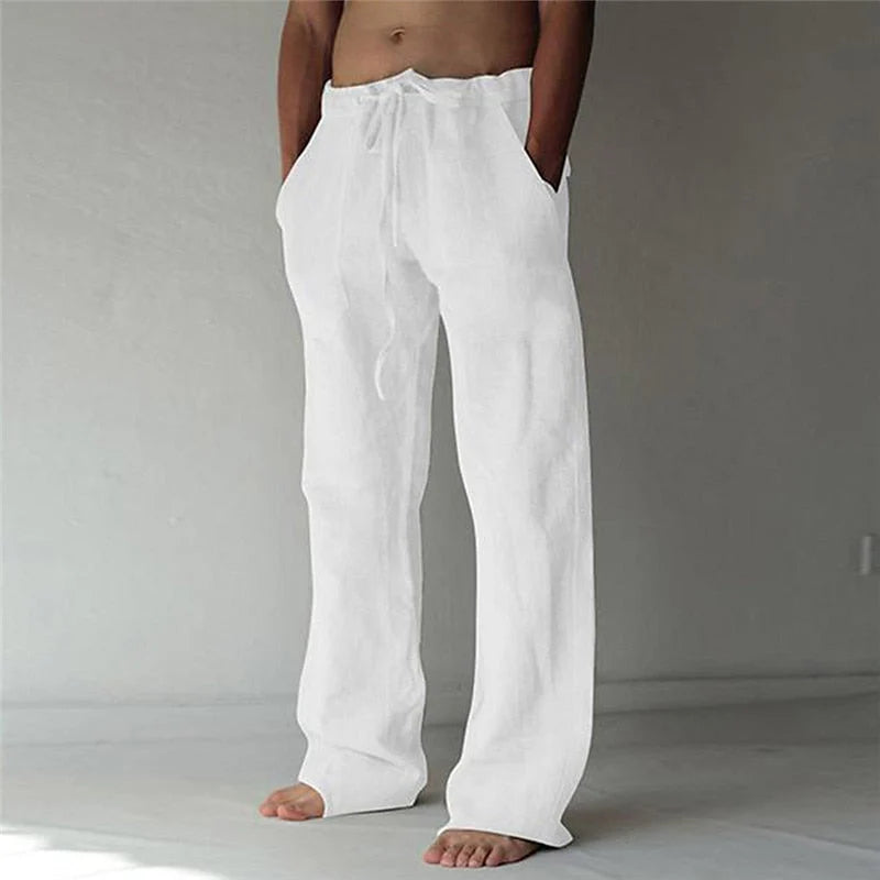 Men's relaxed wide-leg pants in white with drawstring waist and side pockets for casual wear