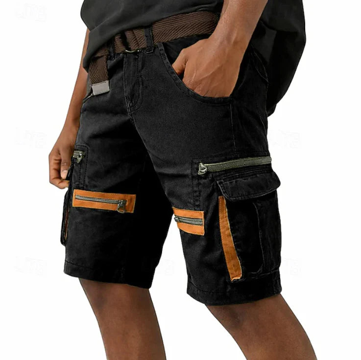 Men's relaxed fit cargo shorts in black with contrast trim detailing and multiple cargo pockets for casual outdoor wear