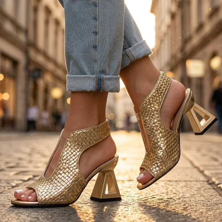 Women's lightweight open toe heels with woven textured finish and sculpted geometric block heel in gold