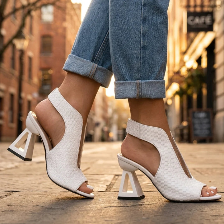 Women's lightweight open toe heels in gold with textured finish and open toe silhouette