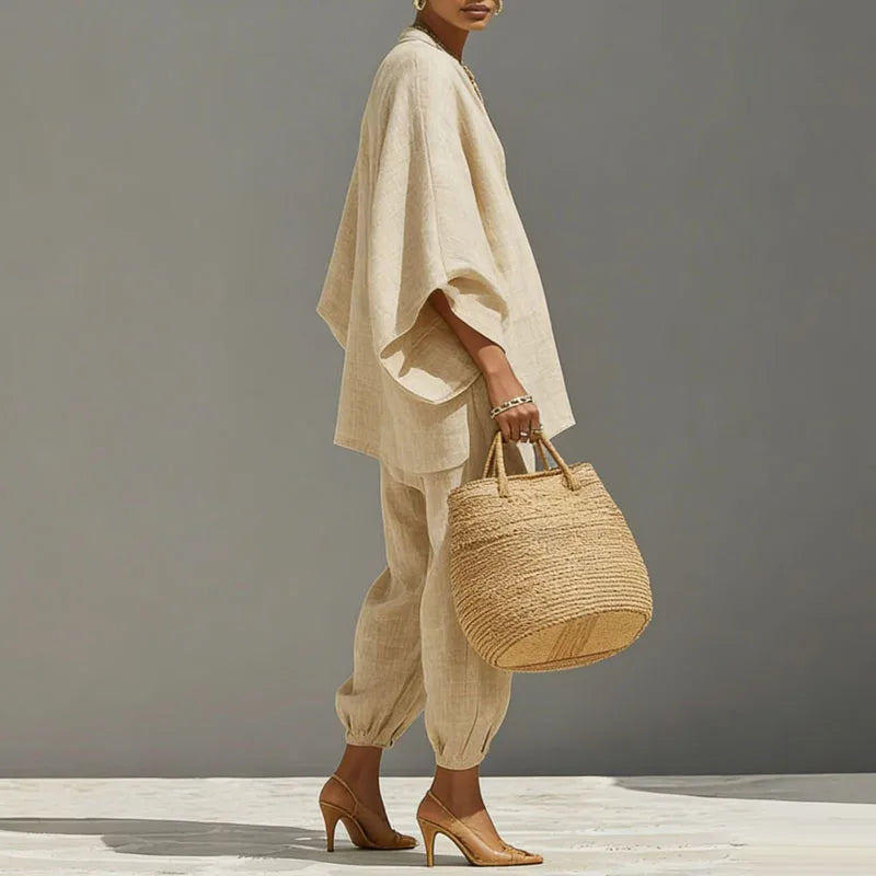 Detail shot of linen matching set fabric texture and relaxed drape on model