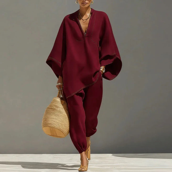 Lifestyle image of women's linen matching set paired with casual summer accessories