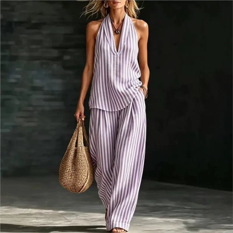 Close up of halter top with cowl neckline and vertical stripe pattern on two piece set