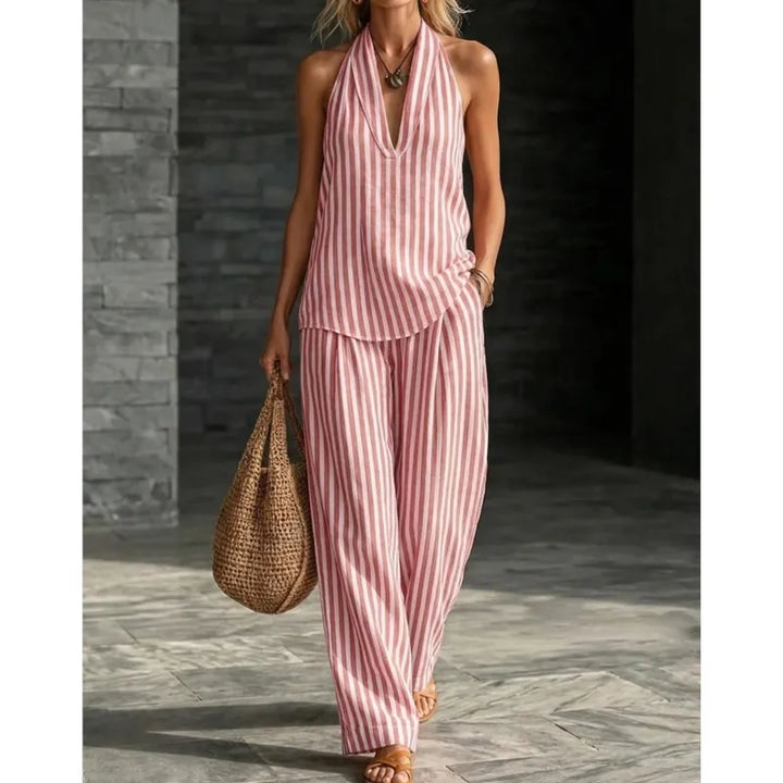 Back view of halter top tie closure on striped two piece pants set