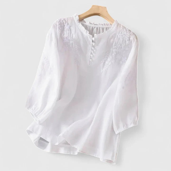 Close-up view of embroidered lace panels and covered button placket on women's pink blouse