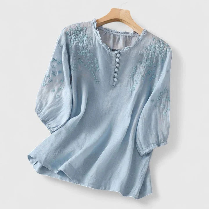 Side angle of relaxed fit blouse showing elasticized sleeve cuffs and rounded neckline with scalloped trim