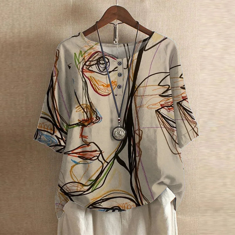 Full length styling of floral print blouse with casual bottoms for everyday wear