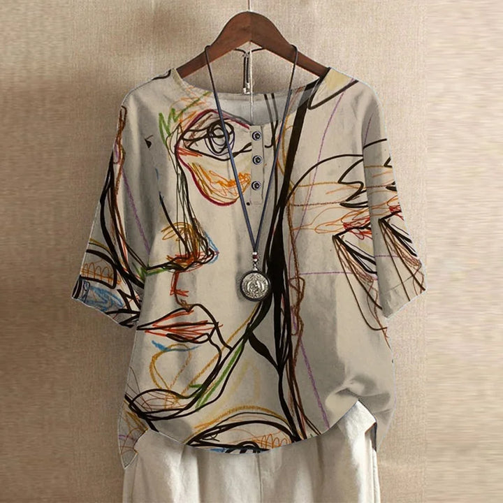 Full length styling of floral print blouse with casual bottoms for everyday wear